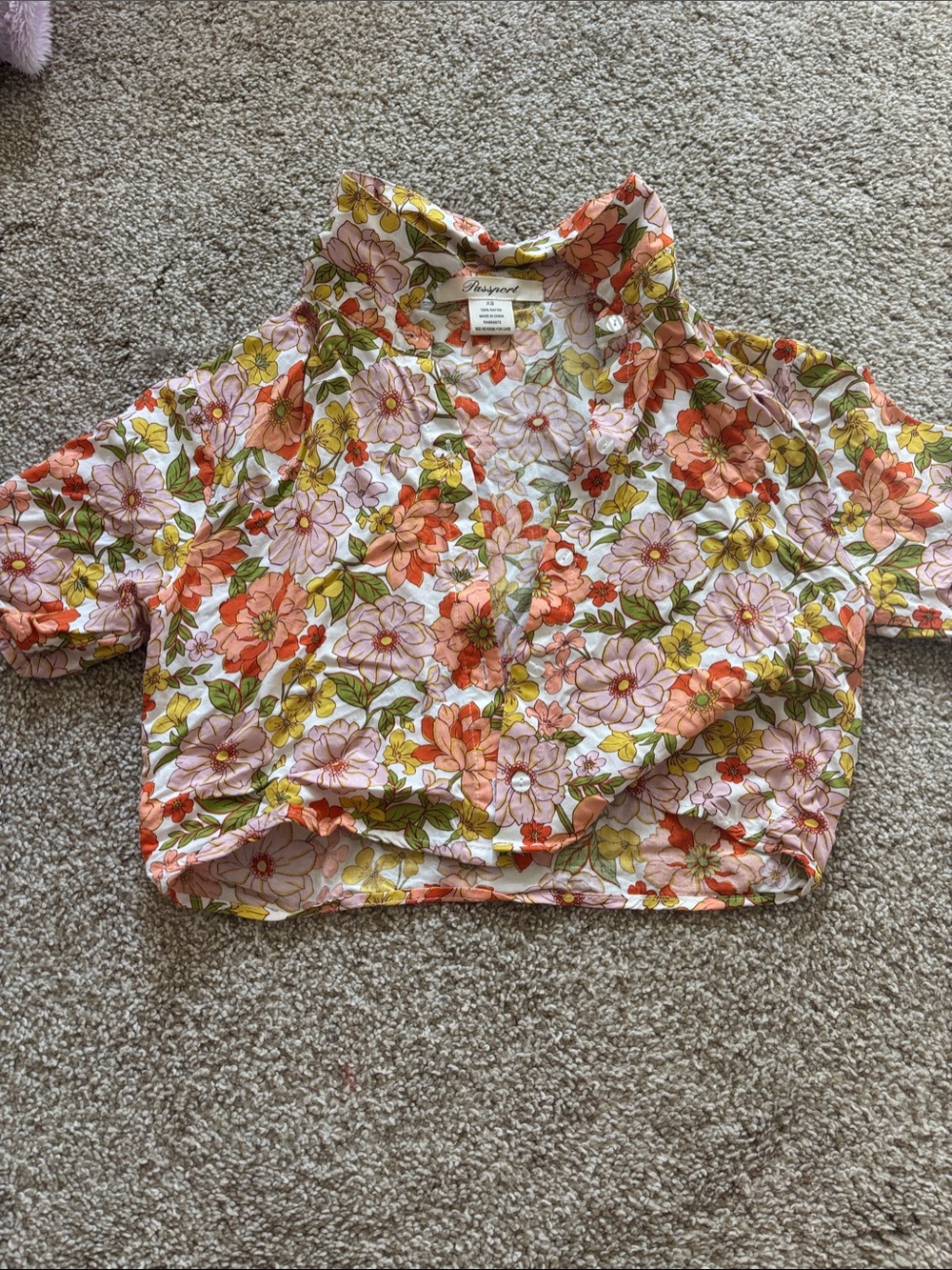 Passport Floral Button-Front Crop Top in Pink, Coral and Yellow